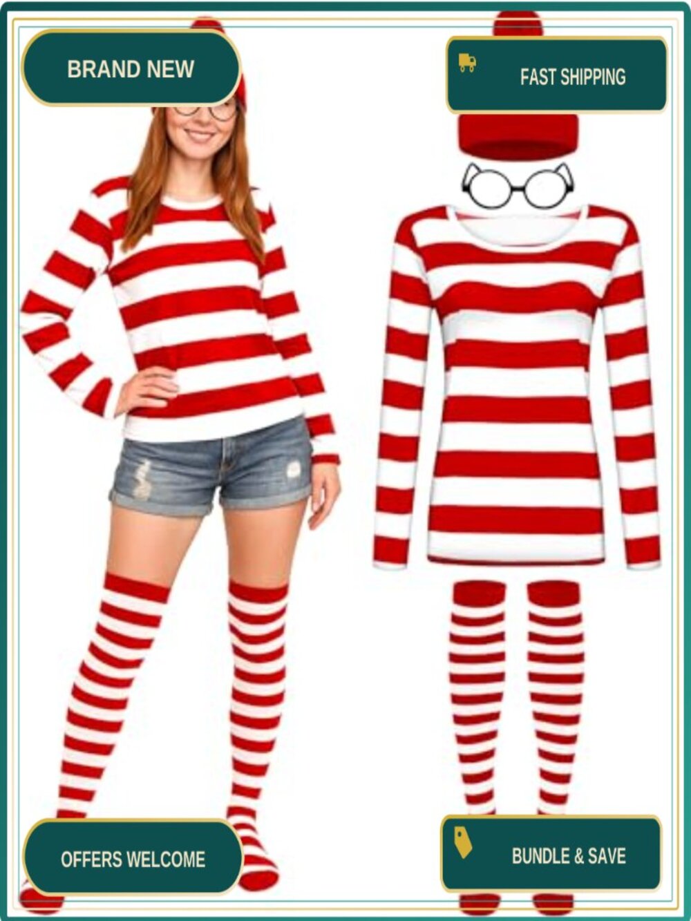 Halloween Costume Set Women Striped Shirt Beanie Glasses Socks Cosplay Party